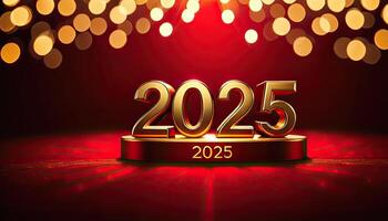 ai gerado dourado dígitos 2025 em Sombrio vermelho fundo com bokeh luzes, festivo atmosfera, ideal para Novo ano evento promoções foto