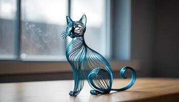 ai gerado gato dobrado fio figura em borrado pano de fundo, abstrato fio gato criativo figuras, arte e imaginação interseção. foto