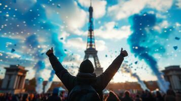 ai gerado alegre celebração às eiffel torre, Paris foto