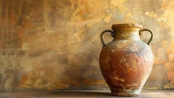 ai gerado Antiguidade terracota vaso em uma rústico de madeira chão contra uma texturizado dourado ocre parede, evocando Mediterrâneo ou clássico antiguidade ambiente perfeito para interior Projeto conceitos foto