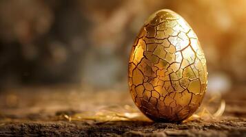 ai gerado dourado Páscoa ovo com rachado padrões em uma texturizado superfície com caloroso retroiluminação, simbolizando renovação e celebração foto