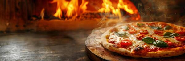 ai gerado recentemente cozido margherita pizza com Derretendo queijo, cereja tomates, e manjericão em uma de madeira borda dentro frente do uma fogosa forno, perfeito para culinária e jantar conceitos foto