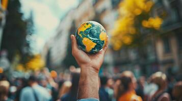 ai gerado mão segurando uma pequeno globo com uma borrado multidão dentro a fundo, simbolizando unidade e de Meio Ambiente conhecimento, ideal para terra dia promoções foto