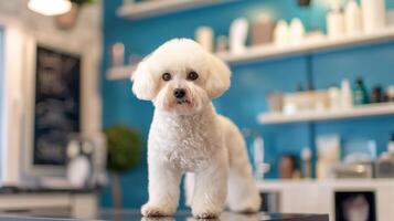 ai gerado fofa branco bichon frise cachorro em pé em bancada dentro uma moderno azul tonificado cozinha interior, olhando às a Câmera com uma preparado casaco foto