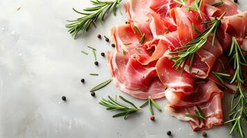 ai gerado fresco prosciutto fatias com alecrim e Pimenta em uma branco superfície, ideal para culinária conceitos e Mediterrâneo cozinha foto