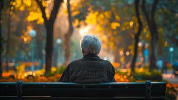 ai gerado idosos pessoa sentado sozinho em uma parque Banco durante outono, contemplando natureza, com caloroso dourado folhas e suave pôr do sol luz dentro a fundo foto