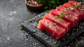 ai gerado fresco atum sashimi fatias enfeitado com sésamo sementes e verde cebolas em uma Preto ardósia quadro, japonês cozinha conceito foto