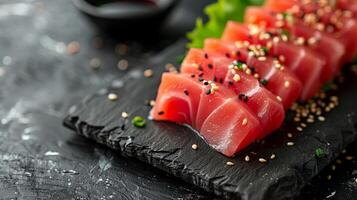 ai gerado fresco sashimi grau atum fatias em uma Preto ardósia borda com sésamo sementes e verde folha guarnição, enfeite, adorno, ideal para culinária temas e internacional cozinha conceitos foto