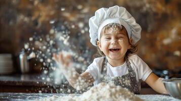 ai gerado alegre jovem criança com uma chefs chapéu coberto dentro farinha jogando e tendo Diversão enquanto cozimento dentro uma cozinha contexto, incorporando uma caseiro cozinhando conceito foto