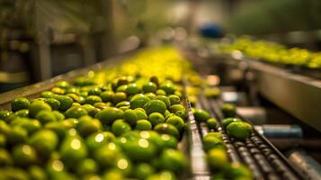 ai gerado industrial transportador cinto com fresco verde tomates dentro uma Comida em processamento plantar, exibindo agrícola tecnologia e Comida indústria Produção foto