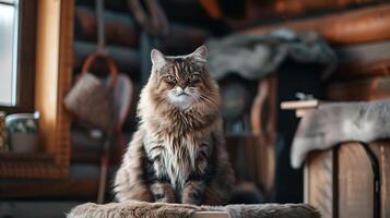 ai gerado majestoso grandes cabelos gato sentado serenamente dentro uma acolhedor rústico casa configuração com suave natural iluminação, perfeito para animal e estilo de vida temas foto