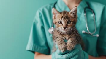 ai gerado veterinário dentro cerceta esfrega segurando a adorável malhado gatinho, com uma estetoscópio dentro fundo, representando animal cuidados de saúde foto