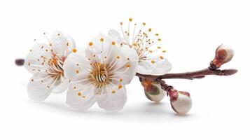 ai gerado fechar acima Visão do uma delicado ameixa florescer, isolado em uma branco fundo foto