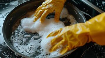ai gerado mãos vestindo amarelo borracha luvas lavando uma Preto prato dentro ensaboado água, conceito do família tarefas e limpeza foto