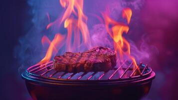 ai gerado suculento bife chiando em a americano estilo churrasco grade com vibrante chamas e fumaça isolado em uma gradiente fundo foto