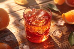 ai gerado fechar acima Visão do negroni coquetel ingredientes em uma de madeira mesa foto