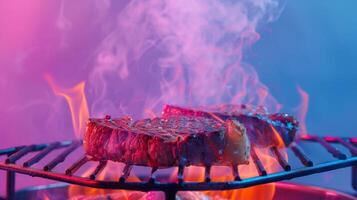ai gerado suculento bife chiando em a americano estilo churrasco grade com vibrante chamas e fumaça isolado em uma gradiente fundo foto