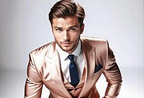 ai gerado bonito caucasiano homem dentro uma à moda rosa ouro terno e gravata, perfeito para o negócio eventos, moda editoriais, e moderno noivo Casamento vestuário conceitos foto