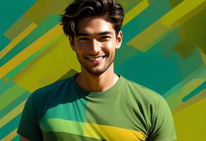 ai gerado sorridente jovem adulto masculino com à moda cabelo posando dentro uma colorida listrado camisa, adequado para moda e estilo de vida temas dentro verão ou Primavera configurações foto