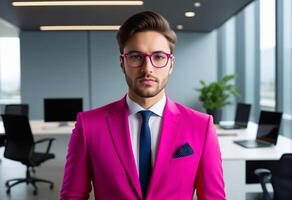 ai gerado confiante jovem homem de negocios dentro uma vibrante Rosa terno com Óculos posando dentro uma moderno escritório contexto, ideal para corporativo branding e moda conceitos foto