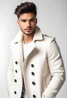 ai gerado bonito jovem adulto masculino modelo com à moda corte de cabelo vestindo elegante branco inverno casaco, ideal para moda e feriado conceitos foto