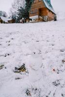 pequeno boneco de neve dentro a forma do uma rato carrinhos em uma Nevado Colina perto uma de madeira chalé foto