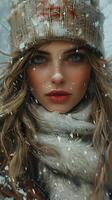ai gerado uma mulher com em camadas cabelo, vestindo uma pele chapéu e lenço, carrinhos dentro a neve foto