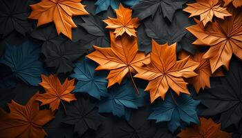 ai gerado harmonia dentro contraste. laranja e azul folhas dança em uma Sombrio tela de pintura foto