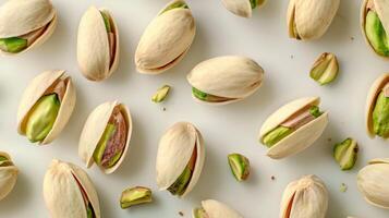 ai gerado pistachios arranjado em brilhante branco superfície com bastante do quarto para texto ou gráficos foto