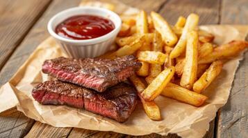 ai gerado clássico bife e fritas em de madeira mesa, adequado para texto posicionamento acima para personalização foto