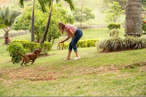 mulher jogando com dela animal dentro a parque. foto