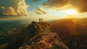 ai gerado caminhada caminhante ajudando amigo para alcance montanha topo pico. dois pessoas fazendo trabalho em equipe e alcançar sucesso com lindo panorama com nascer do sol foto