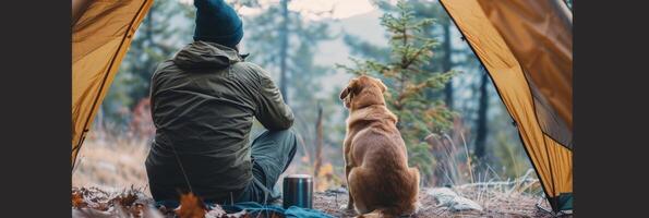 ai gerado campista e dele fiel canino companheiro sentar dentro uma barraca e apreciar foto