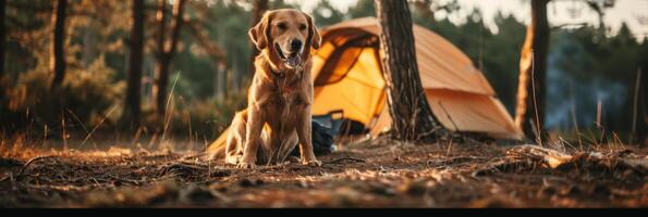 ai gerado campista embarcar em uma região selvagem aventura com dele fiel canino companheiro foto