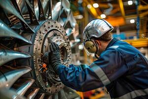 ai gerado Visão a partir de a costas do aeronave manutenção técnico trabalhando em turbina foto