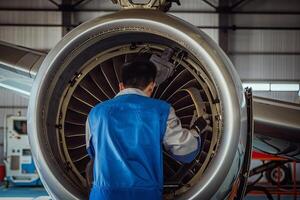 ai gerado Visão a partir de a costas do aeronave manutenção técnico trabalhando em turbina foto