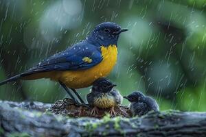 ai gerado colorida pássaro mãe e filhos debaixo a chuva foto