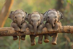 ai gerado elefante bebê grupo do animais suspensão Fora em uma filial, bonitinho, sorridente, adorável foto