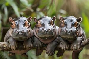 ai gerado hipopótamo bebê grupo do animais suspensão Fora em uma filial, bonitinho, sorridente, adorável foto