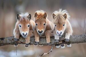 ai gerado cavalo bebê grupo do animais suspensão Fora em uma filial, bonitinho, sorridente, adorável foto