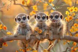 ai gerado meerkat bebê grupo do animais suspensão Fora em uma filial, bonitinho, sorridente, adorável foto