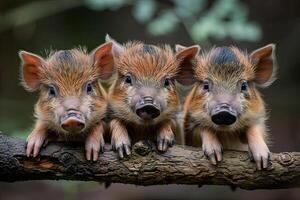 ai gerado selvagem javali bebê grupo do animais suspensão Fora em uma filial, bonitinho, sorridente, adorável foto