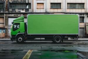 ai gerado verde caminhão com pneus rolos em asfalto passado construção foto