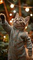 ai gerado felidae gato dentro pijamas alcançando para luzes, fofa gesto foto