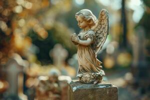 ai gerado escultura do a anjo sentado em pedra dentro cemitério, uma mítico criatura dentro arte foto