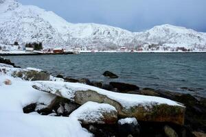 vermelho rorbu casas dentro Noruega dentro inverno foto