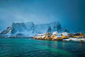 amarelo rorbu casas, lofoten ilhas, Noruega foto