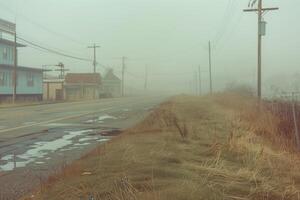 ai gerado campo estrada dentro uma nebuloso manhã, borrado enevoado panorama foto