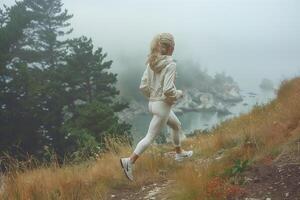 ai gerado trilha correndo, jovem mulher corrida em uma rochoso costeiro trilha dentro uma nebuloso dia foto