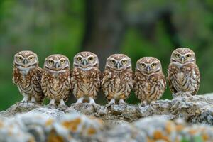 ai gerado grupo do escavação corujas Atenas cunicularia dentro natureza foto